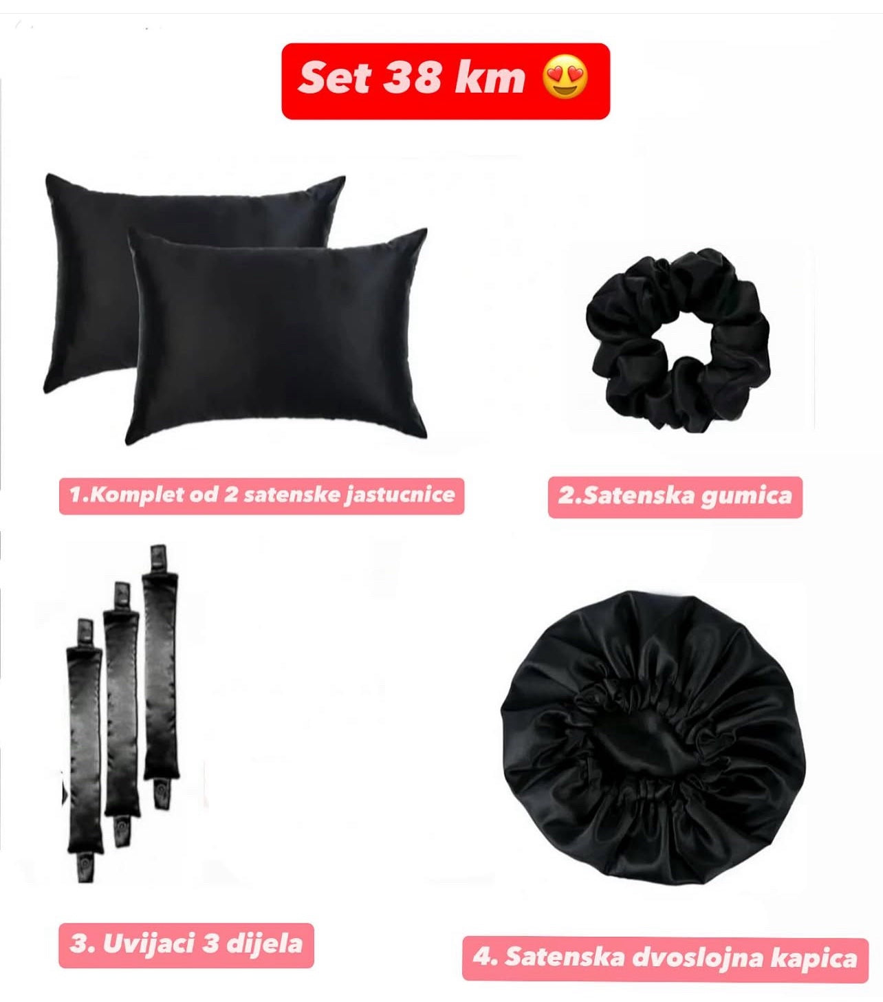 Petodijelni set 2x satenska jastucnica, kapica, gumica, uvijac 3 dijela