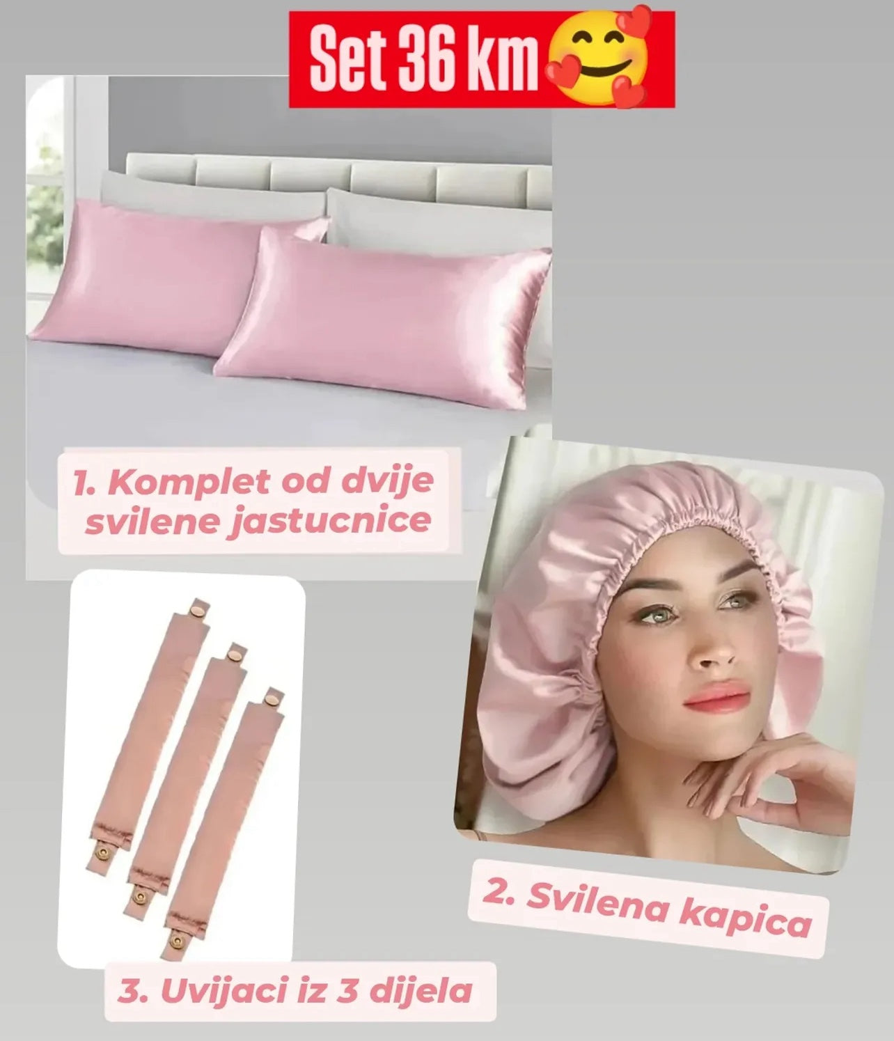 Set 2x svilena jastucnica, kapica, uvijaci 3 dijela
